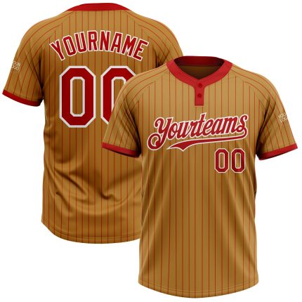 Personalized Old Gold Red Pinstripe White Two-Button Unisex Softball Jersey Team Custom Name and Number