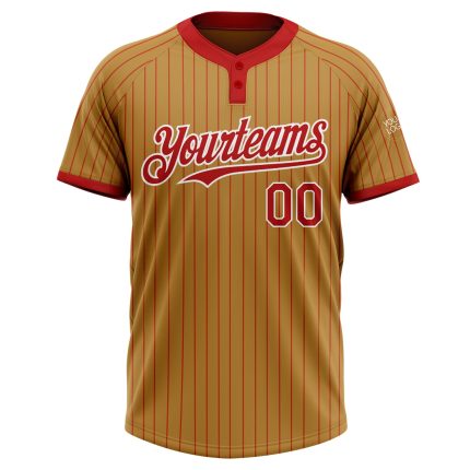 Personalized Old Gold Red Pinstripe White Two-Button Unisex Softball Jersey Team Custom Name and Number