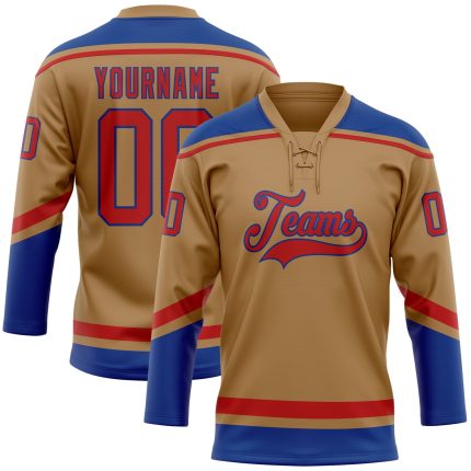 Personalized Old Gold Red-Royal Hockey Lace Neck Jersey Team Custom Name and Number