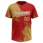 Personalized Old Gold Red-White 3D Pattern Abstract Brush Stroke Two-Button Unisex Softball Jersey Team Custom Name and Number
