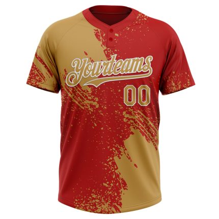 Personalized Old Gold Red-White 3D Pattern Abstract Brush Stroke Two-Button Unisex Softball Jersey Team Custom Name and Number