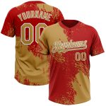 Personalized Old Gold Red-White 3D Pattern Abstract Brush Stroke Two-Button Unisex Softball Jersey Team Custom Name and Number