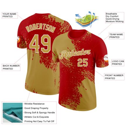 Personalized Old Gold Red-White 3D Pattern Design Abstract Brush Stroke Performance T-Shirt Team Custom Name and Number