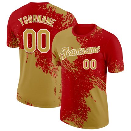 Personalized Old Gold Red-White 3D Pattern Design Abstract Brush Stroke Performance T-Shirt Team Custom Name and Number