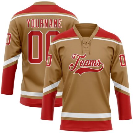 Personalized Old Gold Red-White Hockey Lace Neck Jersey Team Custom Name and Number