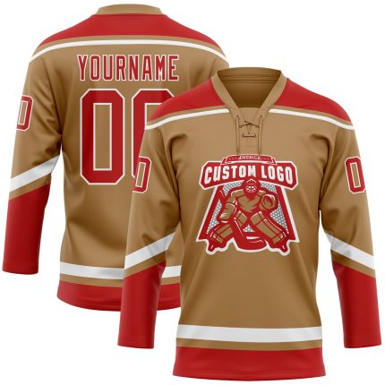 Personalized Old Gold Red-White Hockey Lace Neck Jersey Team Custom Name and Number