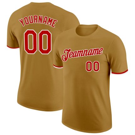 Personalized Old Gold Red-White Performance T-Shirt Team Custom Name and Number