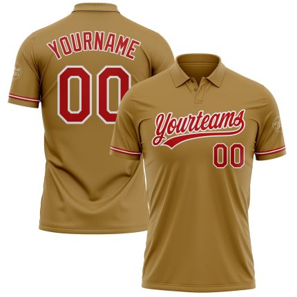 Personalized Old Gold Red-White Performance Vapor Golf Polo Shirt Team Custom Name and Number