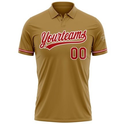 Personalized Old Gold Red-White Performance Vapor Golf Polo Shirt Team Custom Name and Number