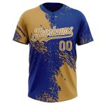 Personalized Old Gold Royal-White 3D Pattern Abstract Brush Stroke Two-Button Unisex Softball Jersey Team Custom Name and Number