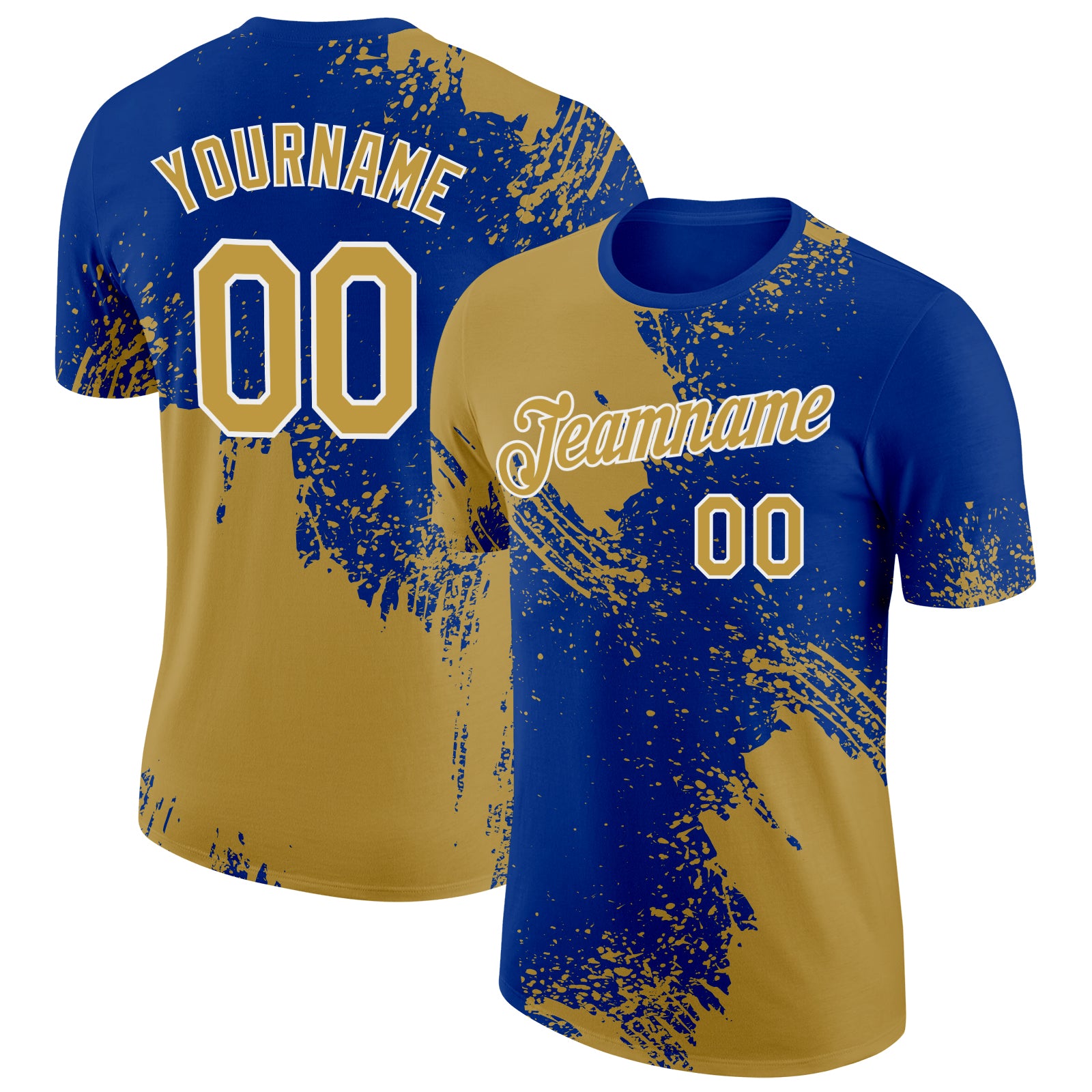 Personalized Old Gold Royal-White 3D Pattern Design Abstract Brush Stroke Performance T-Shirt Team Custom Name and Number