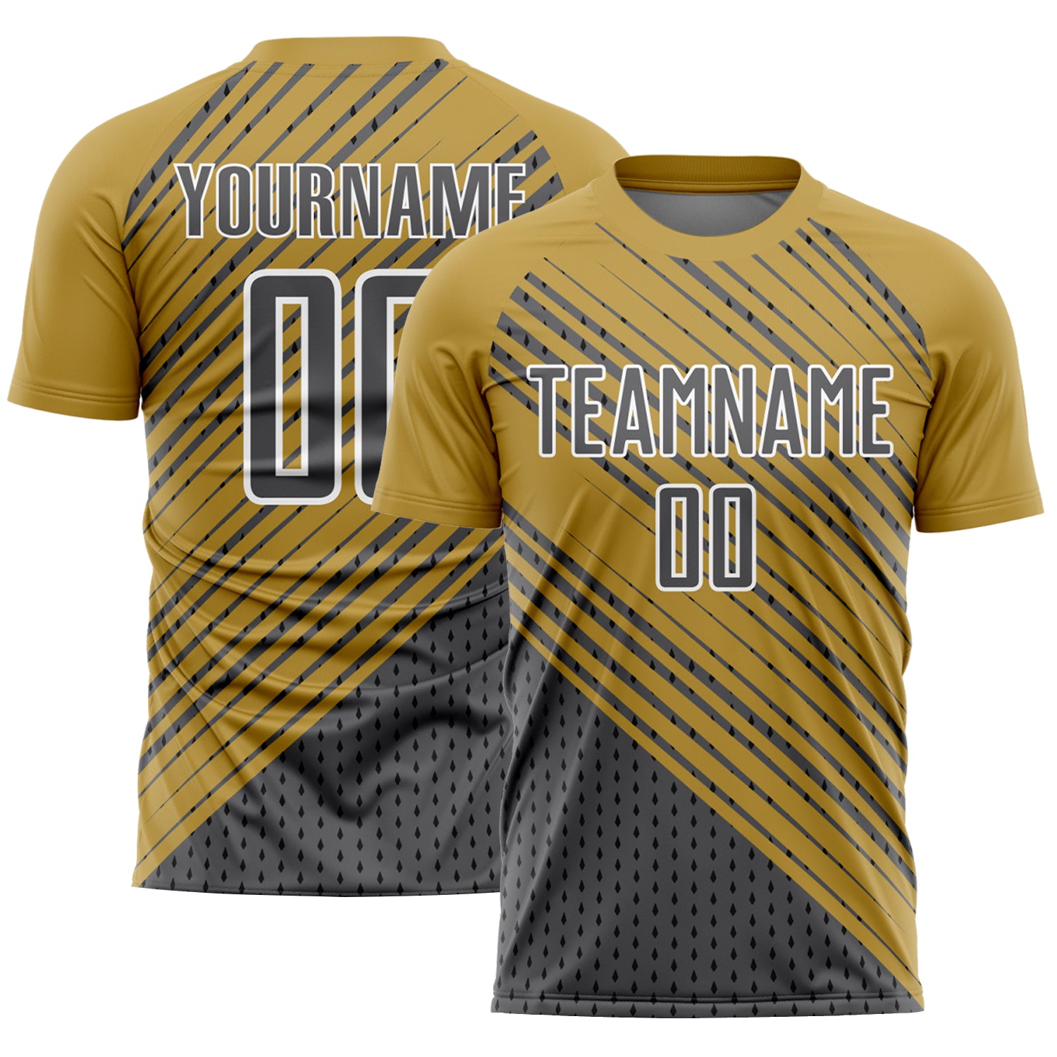Personalized Old Gold Steel Gray White Diagonal Lines Sublimation Soccer Uniform Jersey Team Custom Name and Number