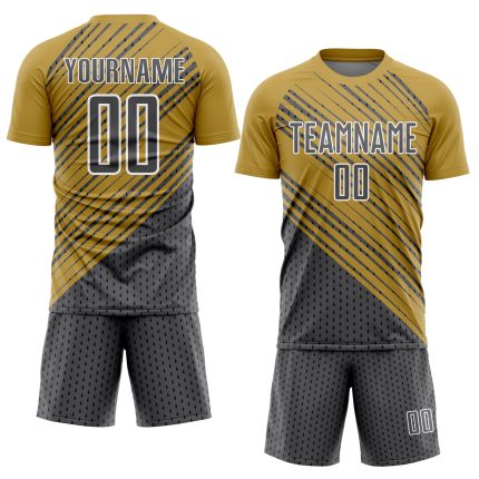 Personalized Old Gold Steel Gray White Diagonal Lines Sublimation Soccer Uniform Jersey Team Custom Name and Number