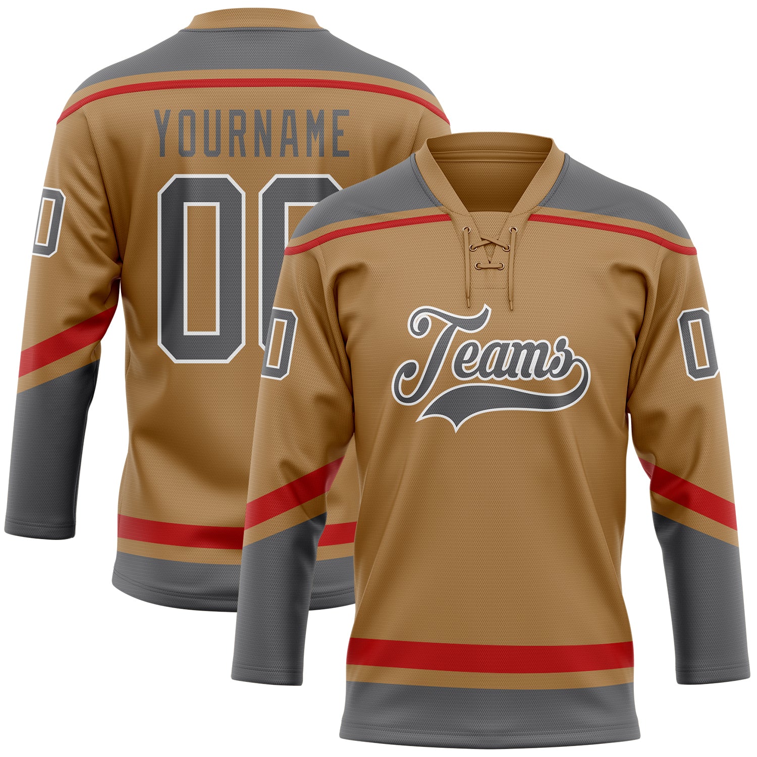 Personalized Old Gold Steel Gray-White Hockey Lace Neck Jersey Team Custom Name and Number