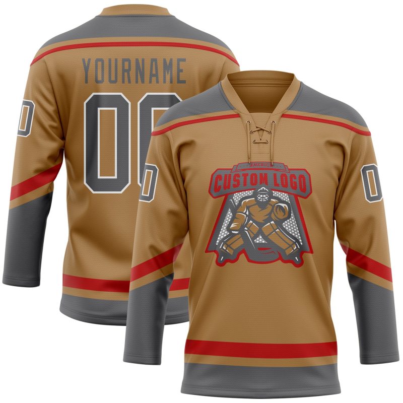Personalized Old Gold Steel Gray-White Hockey Lace Neck Jersey Team Custom Name and Number