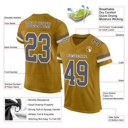 Personalized Old Gold Steel Gray-White Mesh Authentic Football Jersey Team Custom Name and Number