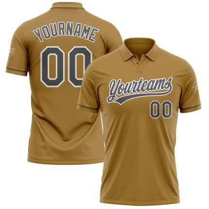 Personalized Old Gold Steel Gray-White Performance Vapor Golf Polo Shirt Team Custom Name and Number
