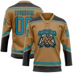 Personalized Old Gold Teal-Black Hockey Lace Neck Jersey Team Custom Name and Number