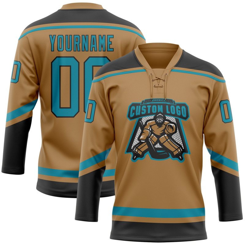 Personalized Old Gold Teal-Black Hockey Lace Neck Jersey Team Custom Name and Number