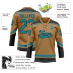 Personalized Old Gold Teal-Black Hockey Lace Neck Jersey Team Custom Name and Number