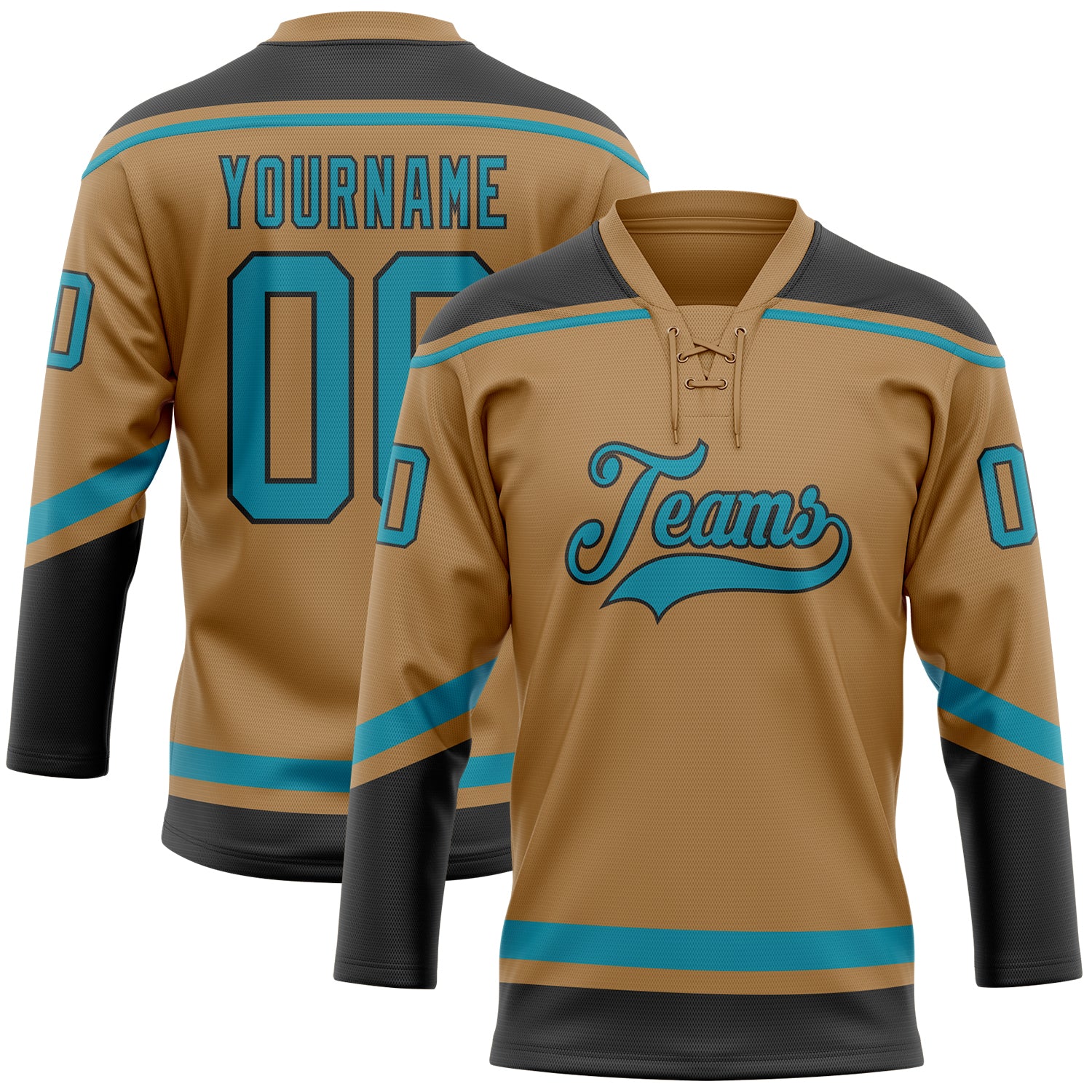 Personalized Old Gold Teal-Black Hockey Lace Neck Jersey Team Custom Name and Number
