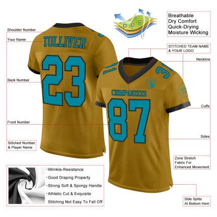 Personalized Old Gold Teal-Black Mesh Authentic Football Jersey