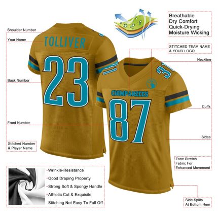 Personalized Old Gold Teal-Black Mesh Authentic Football Jersey Team Custom Name and Number