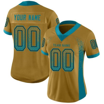 Personalized Old Gold Teal-Black Mesh Drift Fashion Football Jersey Team Custom Name and Number