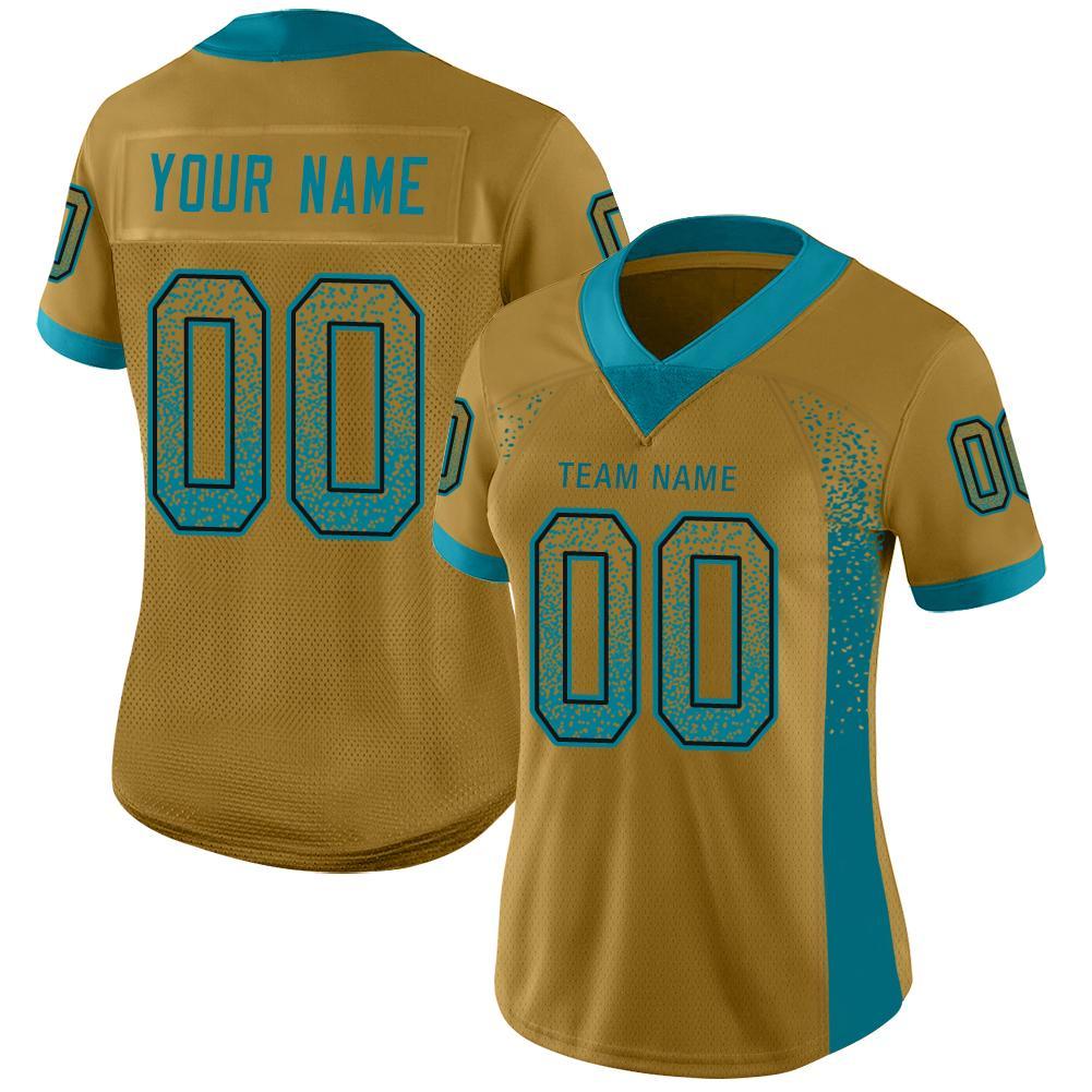 Personalized Old Gold Teal-Black Mesh Drift Fashion Football Jersey Team Custom Name and Number
