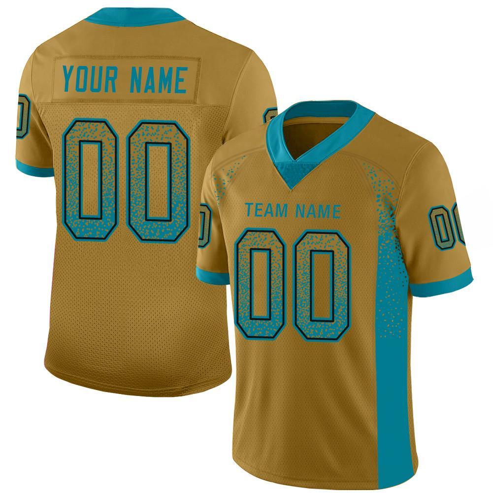 Personalized Old Gold Teal-Black Mesh Drift Fashion Football Jersey Team Custom Name and Number Personalized Old Gold Teal-Black Mesh Drift Fashion Football Jersey Team Custom Name and Number - Image 5