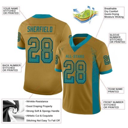 Personalized Old Gold Teal-Black Mesh Drift Fashion Football Jersey Team Custom Name and Number