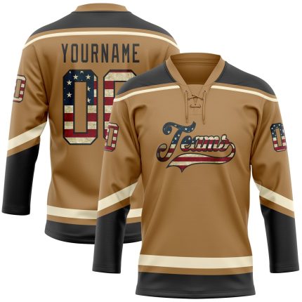 Personalized Old Gold Vintage USA Flag Black-Cream Hockey Lace Neck Jersey Team Custom Name and Number