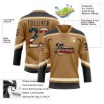 Personalized Old Gold Vintage USA Flag Black-Cream Hockey Lace Neck Jersey Team Custom Name and Number