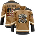Personalized Old Gold Vintage USA Flag Black-Cream Hockey Lace Neck Jersey Team Custom Name and Number