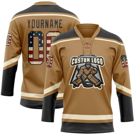 Personalized Old Gold Vintage USA Flag Black-Cream Hockey Lace Neck Jersey Team Custom Name and Number