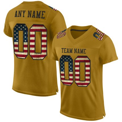 Personalized Old Gold Vintage USA Flag-Black Mesh Authentic Football Jersey Team Custom Name and Number