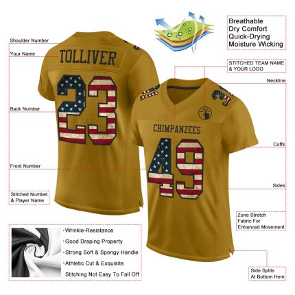 Personalized Old Gold Vintage USA Flag-Black Mesh Authentic Football Jersey Team Custom Name and Number