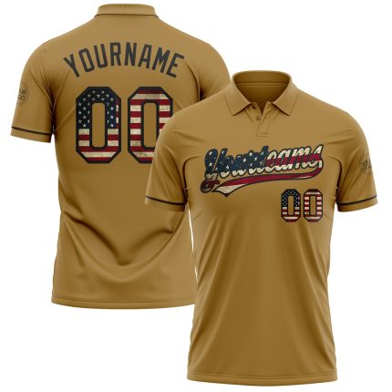 Personalized Old Gold Vintage USA Flag-Black Performance Vapor Golf Polo Shirt Team Custom Name and Number