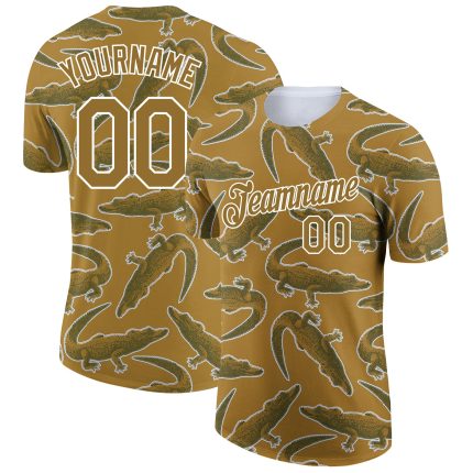 Personalized Old Gold White 3D Pattern Design Crocodile Performance T-Shirt Team Custom Name and Number