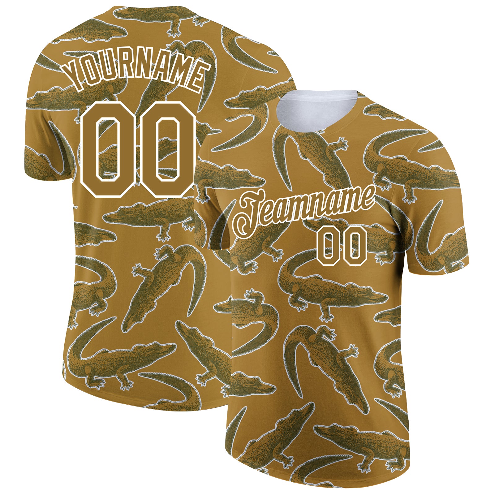 Personalized Old Gold White 3D Pattern Design Crocodile Performance T-Shirt Team Custom Name and Number