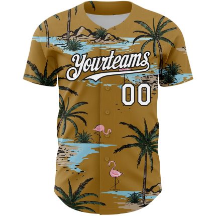 Personalized Old Gold White-Black 3D Pattern Design Tropical Hawaii Palm Trees Authentic Baseball Jersey Team Custom Name and Number