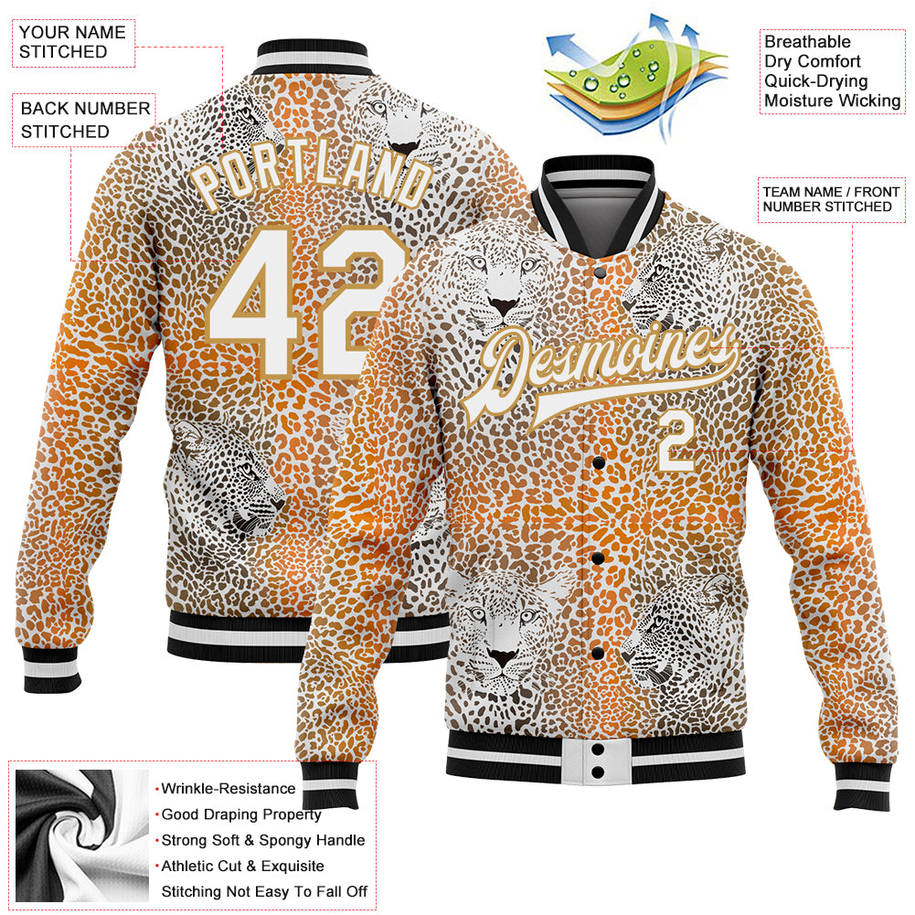 Personalized Old Gold White-Black Leopard 3D Pattern Design Bomber Full-Snap Varsity Letterman Jacket Team Custom Name and Number Personalized Old Gold White-Black Leopard 3D Pattern Design Bomber Full-Snap Varsity Letterman Jacket Team Custom Name and Number - Image 3