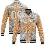 Personalized Old Gold White-Black Leopard 3D Pattern Design Bomber Full-Snap Varsity Letterman Jacket Team Custom Name and Number