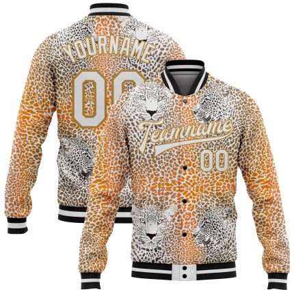 Personalized Old Gold White-Black Leopard 3D Pattern Design Bomber Full-Snap Varsity Letterman Jacket Team Custom Name and Number