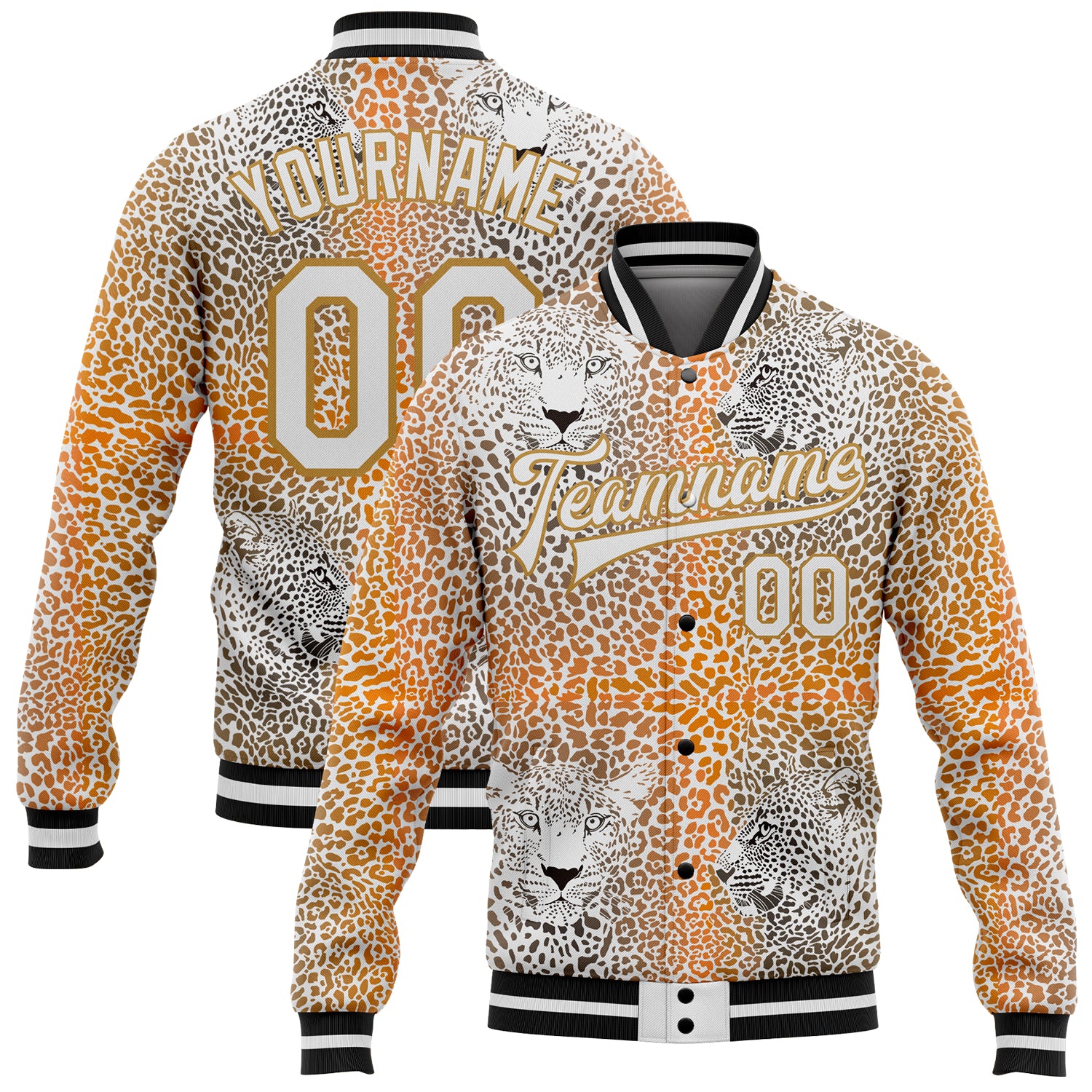 Personalized Old Gold White-Black Leopard 3D Pattern Design Bomber Full-Snap Varsity Letterman Jacket Team Custom Name and Number