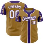 Personalized Old Gold White-Purple 3 Colors Arm Shapes Authentic Baseball Jersey Team Custom Name and Number