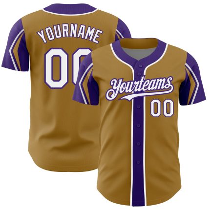 Personalized Old Gold White-Purple 3 Colors Arm Shapes Authentic Baseball Jersey Team Custom Name and Number