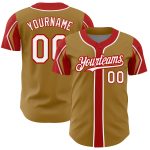 Personalized Old Gold White-Red 3 Colors Arm Shapes Authentic Baseball Jersey Team Custom Name and Number