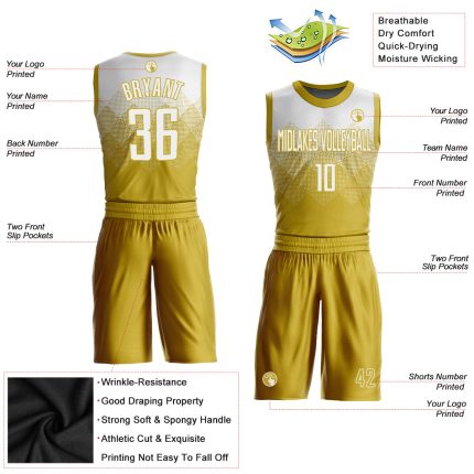 Personalized Old Gold White Round Neck Sublimation Basketball Suit Jersey Team Custom Name and Number
