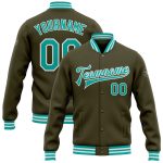 Personalized Olive Aqua-White Bomber Full-Snap Varsity Letterman Salute To Service Jacket Team Custom Name and Number